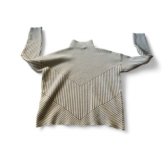 TAHARI Brown White Stripe Women’s Mock Neck Sweater S Stretchy Knit Pull On - Picture 2 of 7